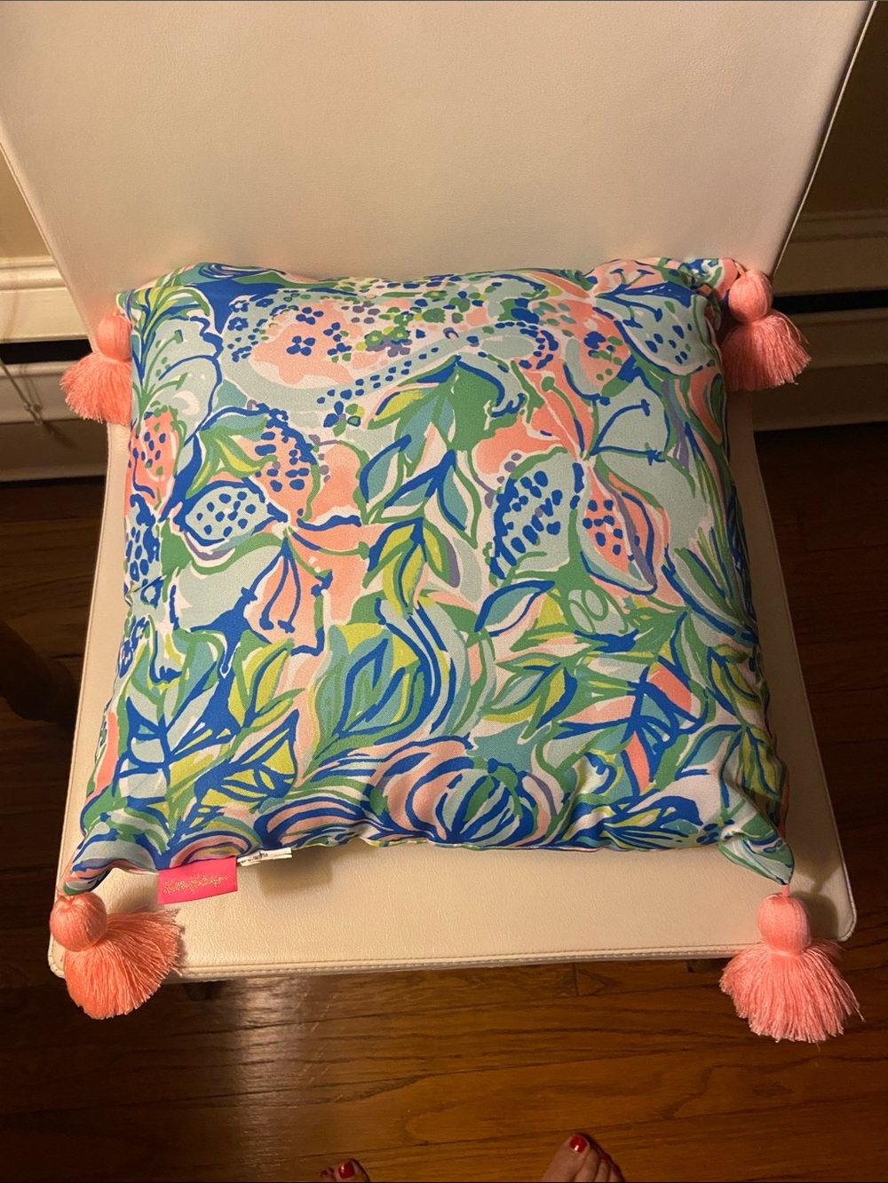 Lilly Pulitzer Blue, Green, Yellow and Pink Tropical Pillow with Tassel